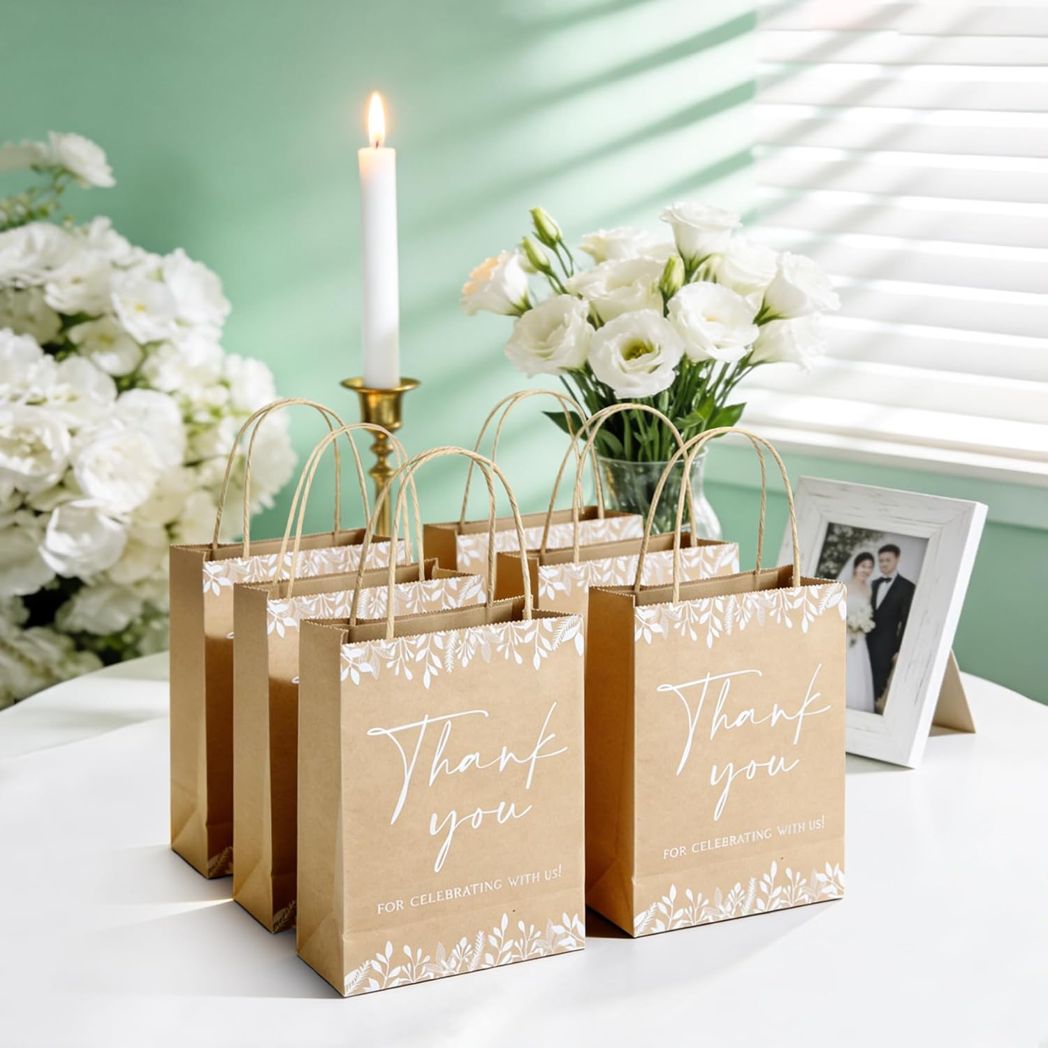50 Pcs Wedding Kraft Paper Gift Bags Bulk for Return Thank You Appreciation After Party Supplies Goodie Bag Ceremony Reception Welcome Baby Shower Birthday Guests Double Sides Eucalyptus Leaf Theme
