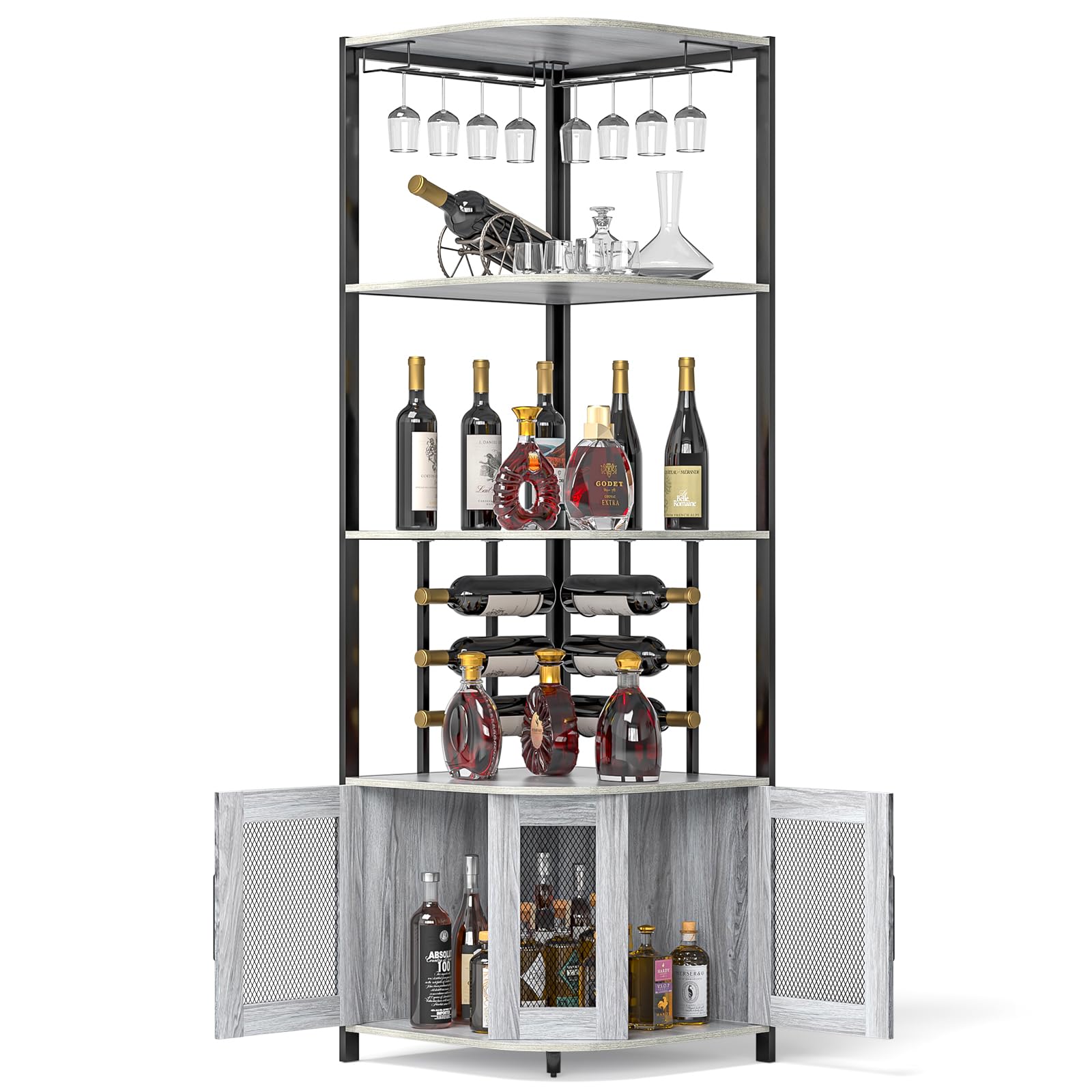 Weinschrank Eckschrank Industrial, Barschrank mit Glashalter, 4-Stöckiger Spirituosenschrank mit Metallgittertüren, Küche Hausbar Buffet-Weinregal, Küchenschrank für die Hausbar oder Kaffeebar