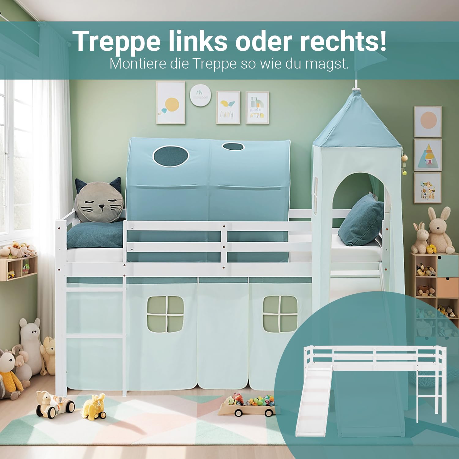 Homestyle4u Hochbett 90x200 cm mit Rutsche, Kinderbett aus Holz in Weiß | Spielbett Kiefer massiv inklusive Turm, Tunnel und Vorhang in Mintgrün, Absturzsicherung für Mädchen und Jungen
