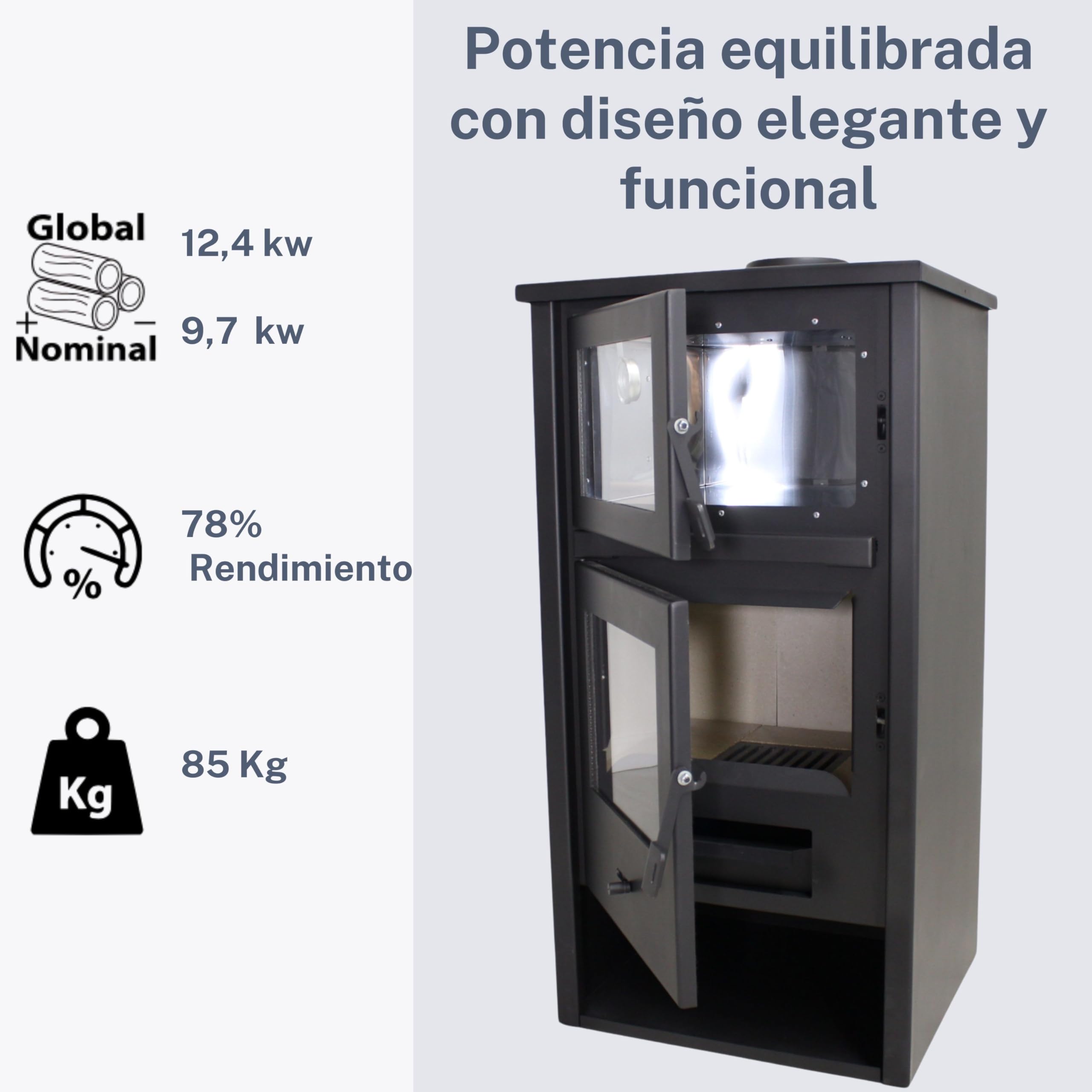 EIDER BIOMASA Estufa de Leña LUX HORNO – 12,44 kW – Con Horno – Rendimiento 78% – Hasta 240 m³ – Doble Combustión – Certificada CE