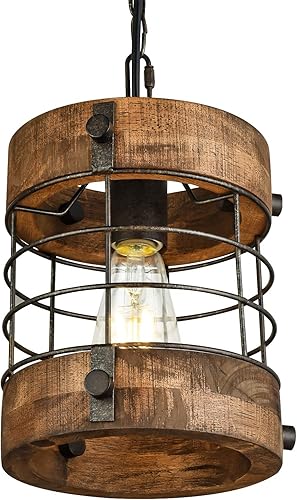 wochos Lámpara de araña industrial retro de metal y madera, lámpara colgante de jaula redonda de 1 luz para cocina, isla, vestíbulo, pasillo, bar,