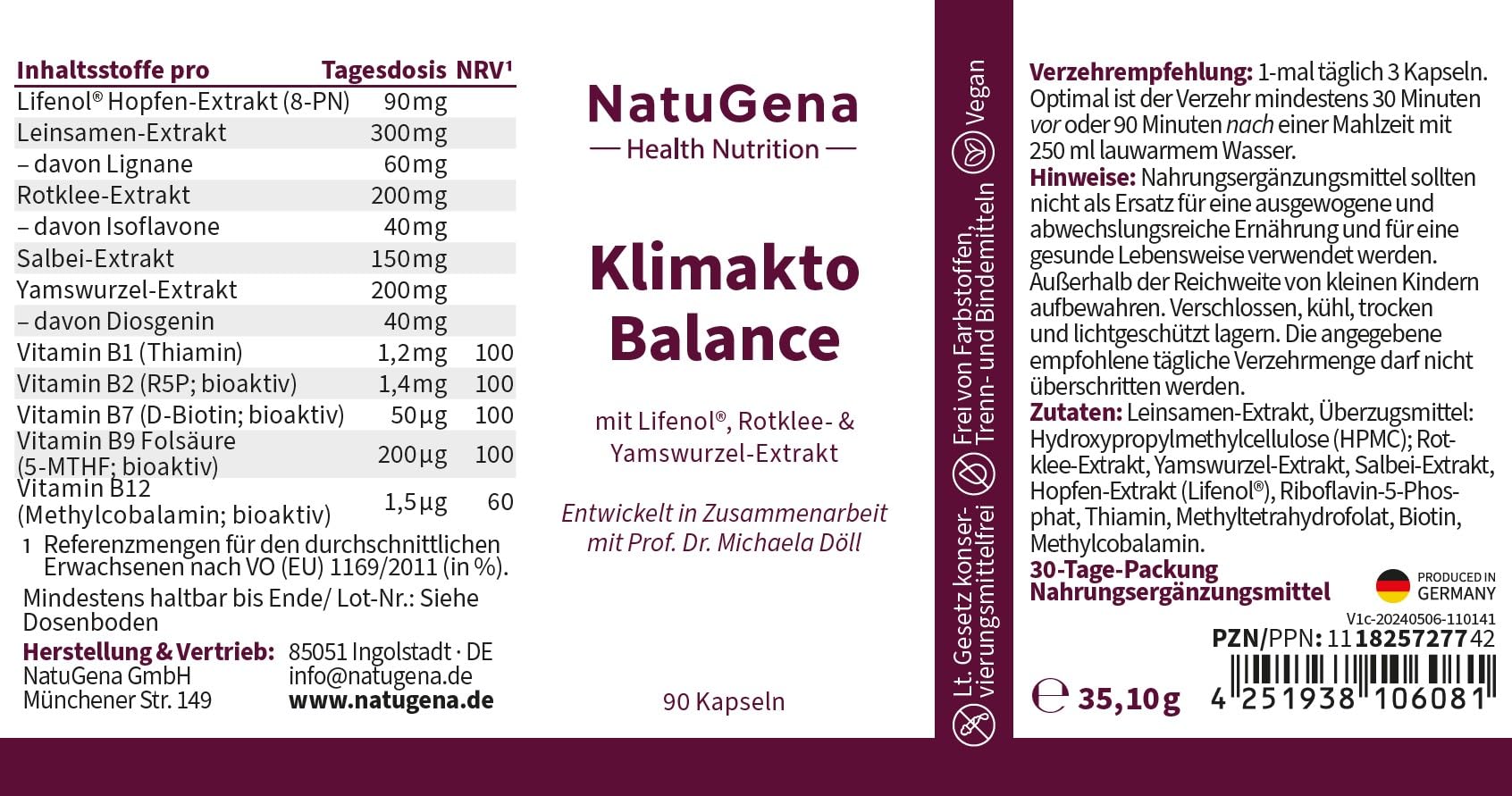 NautuGena KlimaktoBalance/Lifenol Hopfen-Extrakt (8-Prenylnaringenin)/ Rotklee- und Yamswurzel-Extrakt/Salbei und Leinsamen für die Frau / 90 Kapseln HPMC (1-Monats-Packung)