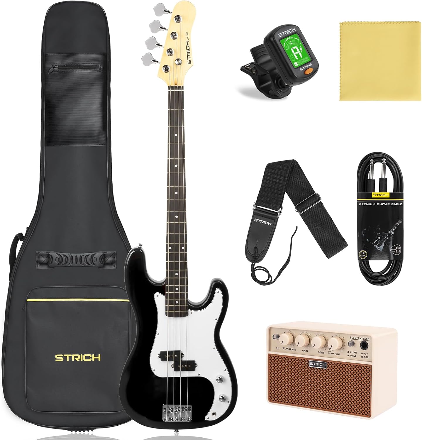 STRICH Electric Bass Guitar 4 Strings Full-Size Beginner Kit, Standard Bass for Starter with 2 x 5w Amp, Bag, Tuner, Strap, Cable, SPB-S10 Black
