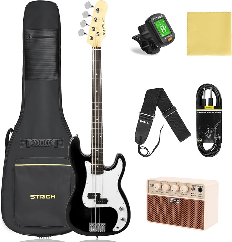 Bajo eléctrico de 4 cuerdas, kit para principiantes de tamaño completo, bajo estándar para principiantes con amplificador de 2 x 5 W, bolsa, afinador, correa, cable, SPB-S10 negro