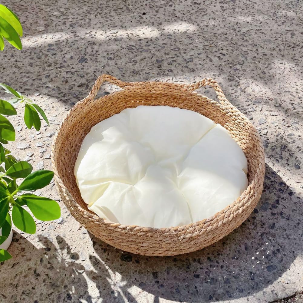 عش القطط من تياسديري، سلة سرير منسوجة مصنوعة يدويا من الراتان مع وسادة ناعمة ولوح خدش للقطط والجراء والكلاب الصغيرة