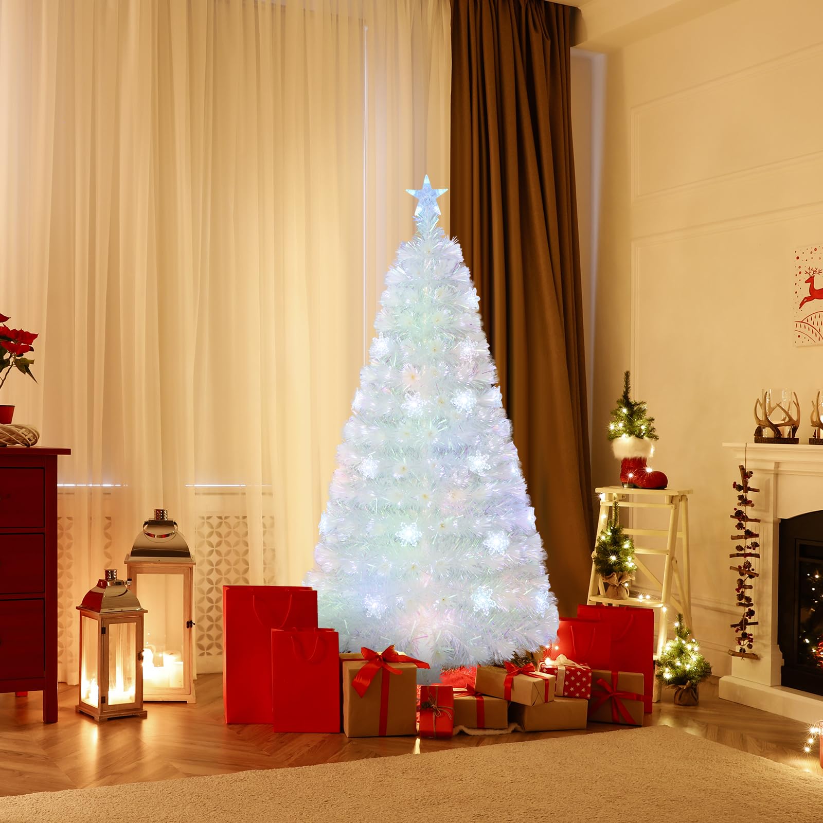 GYMAX Sapin de Noël Artificiel 150cm Lumineux LED, 24 Flocons de Neige de Lumières Multicolores, 170 Branches Blanches en Fibres Optiques, Support en Métal, pour Maison Magasin École Bureau
