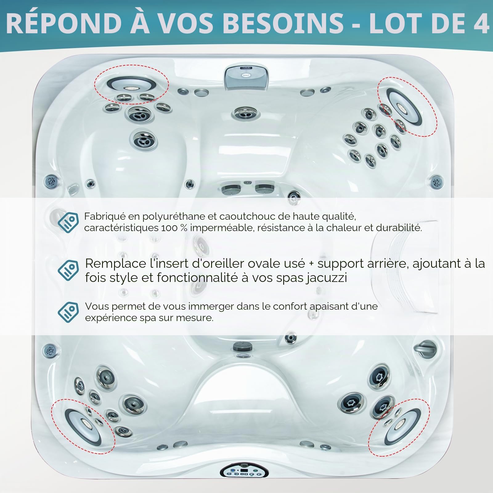 4 Pack 2472-824 Insert de Coussin Ovale pour Spa et Support Dorsal Compatible avec les Jacuzzi J-300 Série 2004–2018 & Spas, 2455-263 Coussins de Tête de Spa de Rechange - Support Amélioré