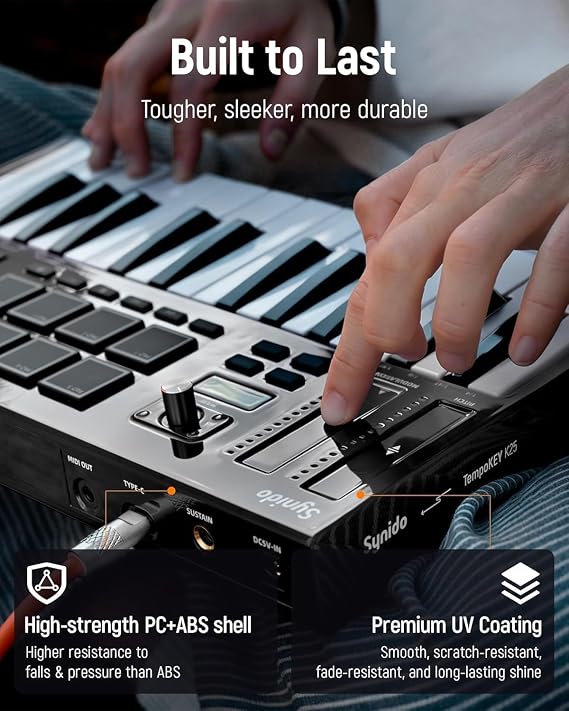 Synido 25 Key USB MIDI Keyboard Controller with 8 Drum Pads, Professional Mini Midi Keyboard with OLED Screen, Beat Maker Machine for Music Production, Black, TempoKey K25
