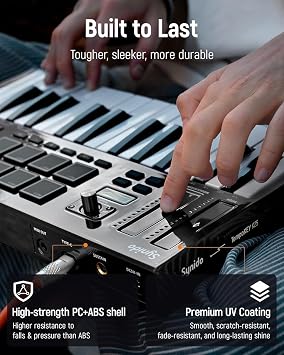 Synido 25 Key USB MIDI Keyboard Controller with 8 Drum Pads, Professional Mini Midi Keyboard with OLED Screen, Beat Maker Machine for Music Production, Black, TempoKey K25