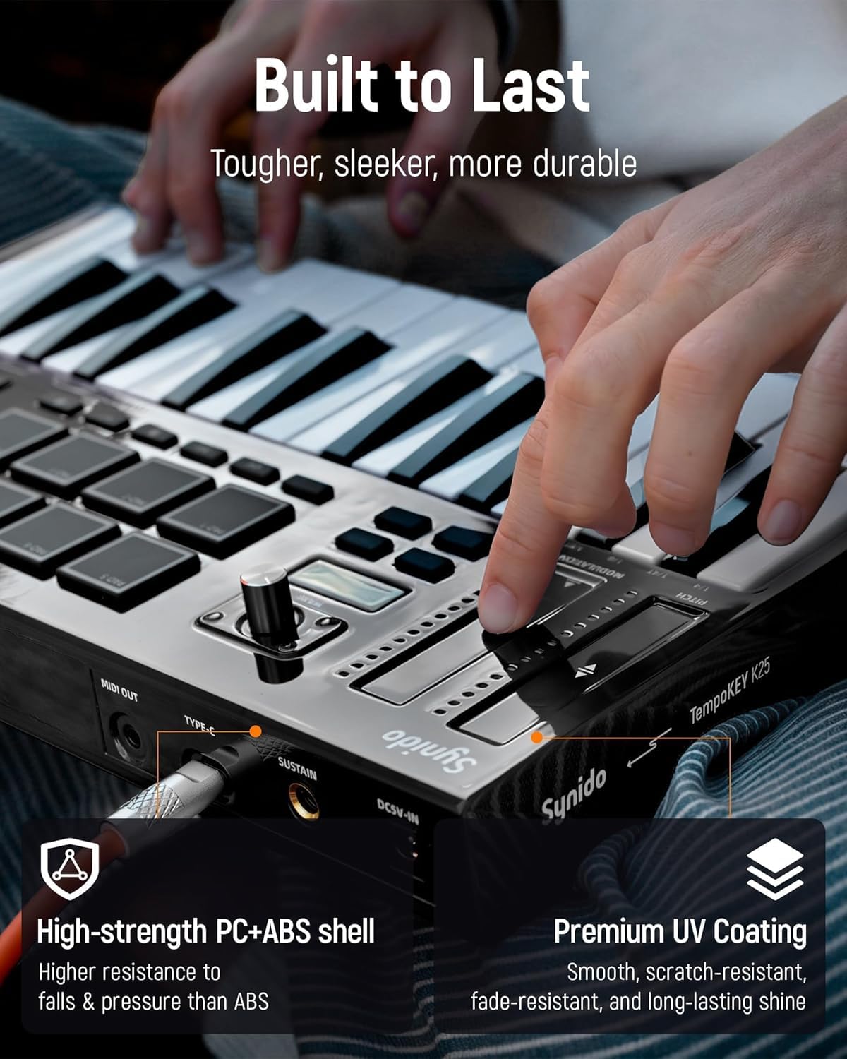Synido 25 Tasten USB MIDI Keyboard Controller mit 8 Drum Pads, Professionelle Mini Midi Keyboard mit OLED Bildschirm, Beat Maker Maschine für Musikproduktion, Schwarz, TempoKey K25