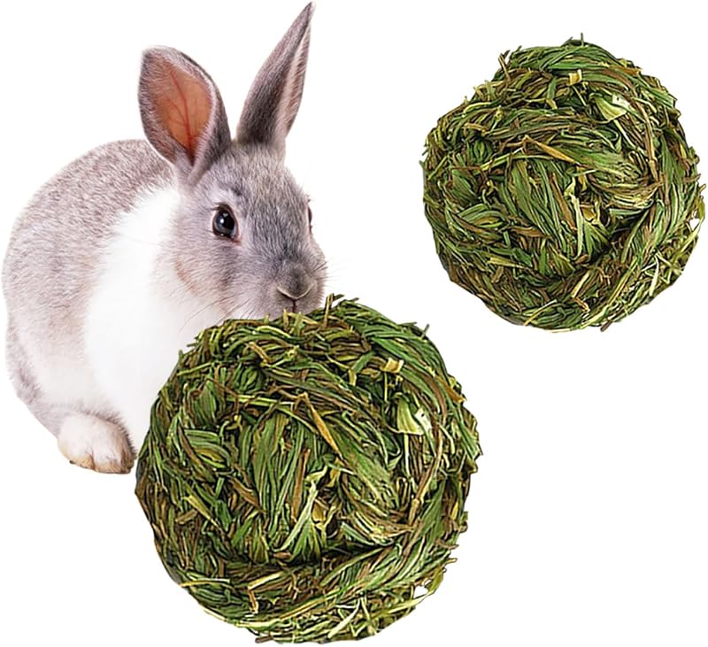 PINVNBY 2 bolas de heno de conejo Timothy, juguetes naturales para masticar conejitos, bolas de hierba, dientes de animales pequeños, actividad de molienda, bola de juego tejida para conejos, cobayas, hámsteres, chinchillas