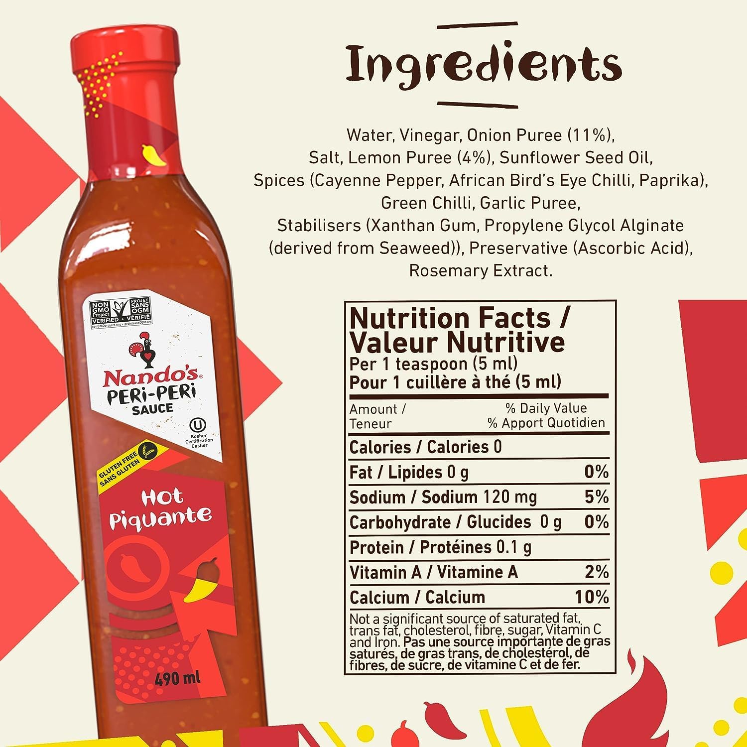 Nando's PERi PERi Hot Sauce – African Bird’s Eye Chili Sauce for Cooking, Marinades & BBQ – Gluten Free, Non GMO, No Added MSG, 490ml