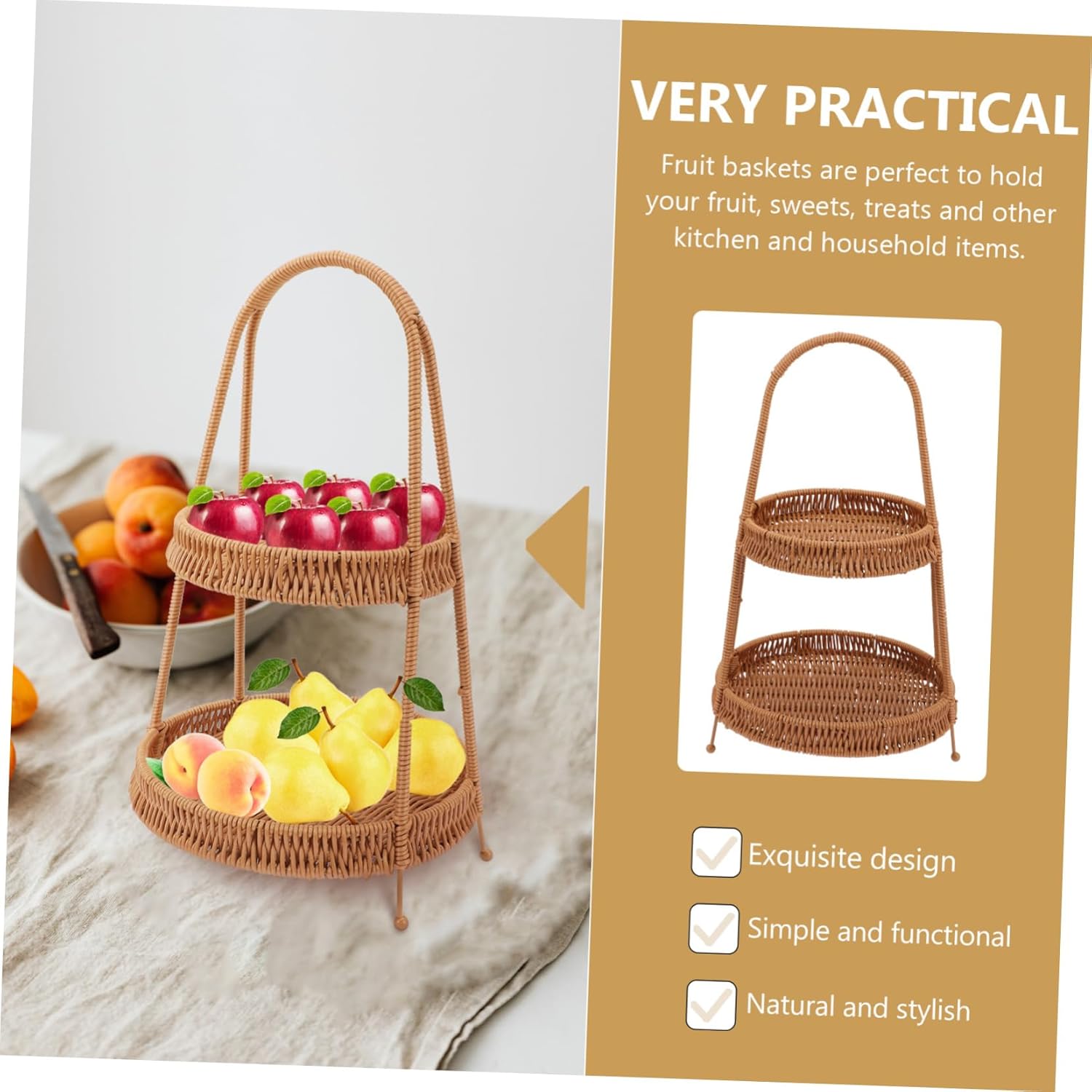 DECHOUS 1piece Woven Hand Basket for Serving Snacks and Desserts Two-tiered Storage Tray Retro Brown for Fruits and Pastries Restaurants and Homes