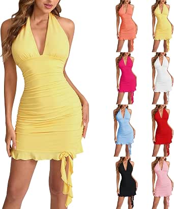 Halter Bodycon Dresses for Women Sexy Ruched Mini Club Party Dress