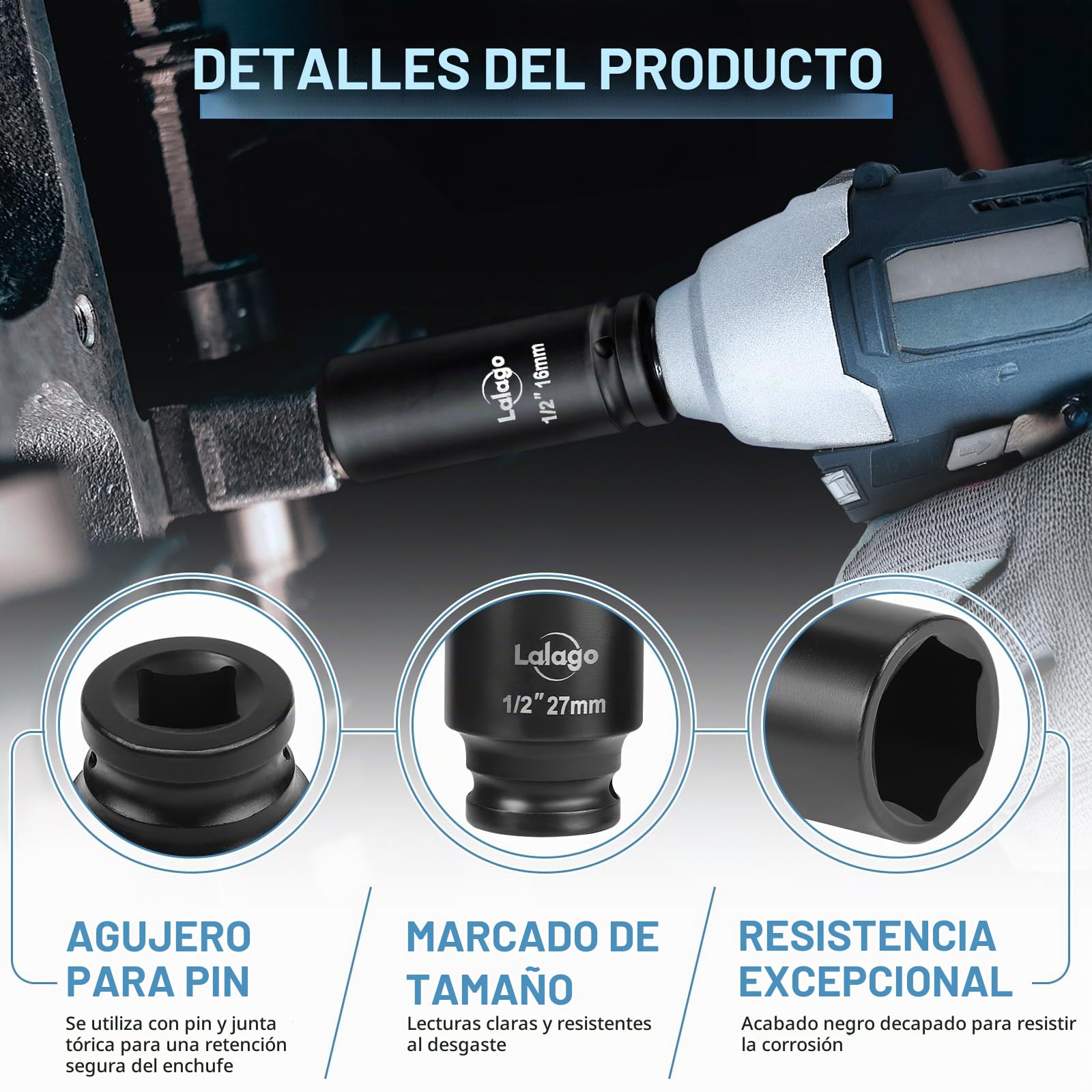 LALAGO 17 piezas Llaves de Impacto de 1/2" Pulgada 10-32mm, Juego de Llaves de Impacto Profundas CR-V, Juego de Vaso con Adaptador de 3/8'' a 1/2'' Métrico de 6 Puntas para Neumáticas y Eléctricas