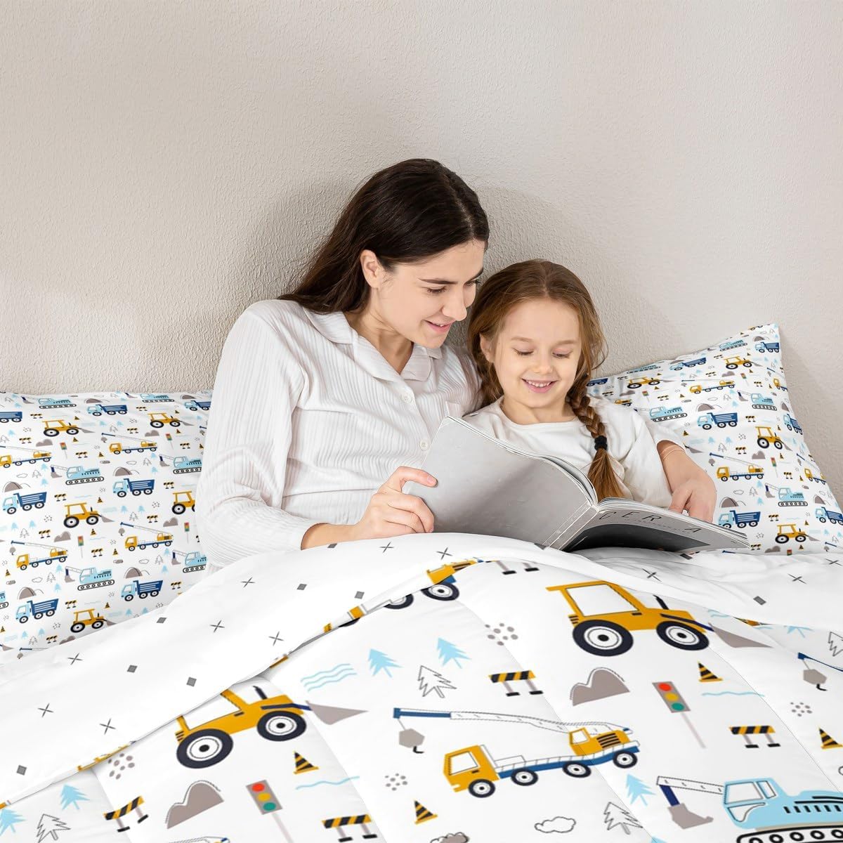 Feelyou Construction Bedding Set Full Size Equipment Trucks Duvet Quilt for Kids Teens Cartoon Car Comforter Set Excavator Tractor Blue Orange White Room Decor 3Pcs with 2 Pillow Case