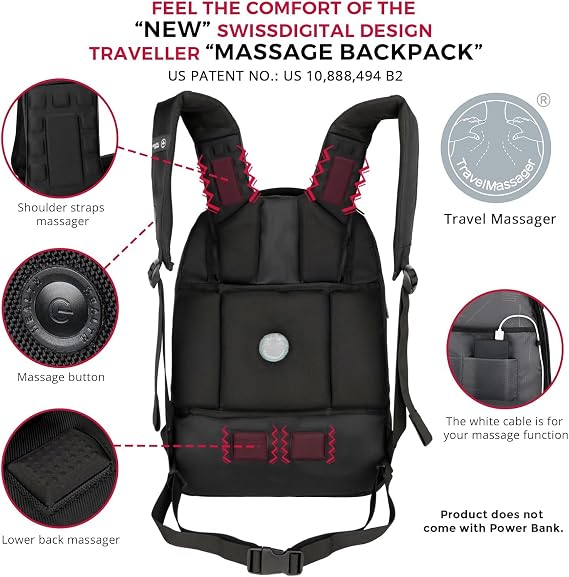 Swissdigital Design Fits 15.6 inch Large Laptop Backpack for Men and Women, Computer Bag with USB Charging Port and Vibrating Massager for Business/Travel/Commute Daily, Black | SD1002M-01