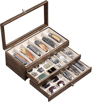 Knives Display Box, 3-Layer Pocket Knives Box Display & Storage Knives, Solid Wood Knives Box for Collections, Gift for Boyfriend Fathers Day Birthday Gifts Vintage