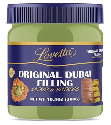 Lovetta Dubai Filling Pistachio & Knafeh Tarro de 10.6 oz (300 g) - Barra de chocolate Dubai para untar, rico pistacho y crema Knafeh, relleno