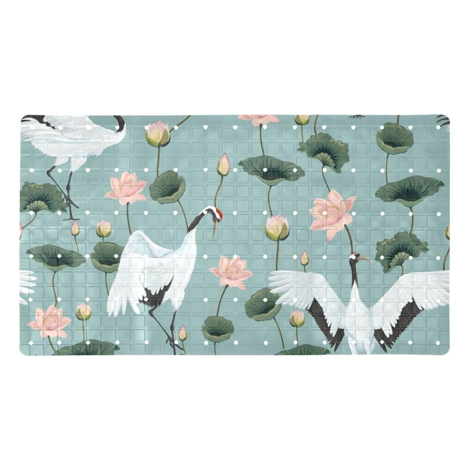 Tapis de douche grues et lotus japonais 37x68 cm lavable en machine et antidérapant