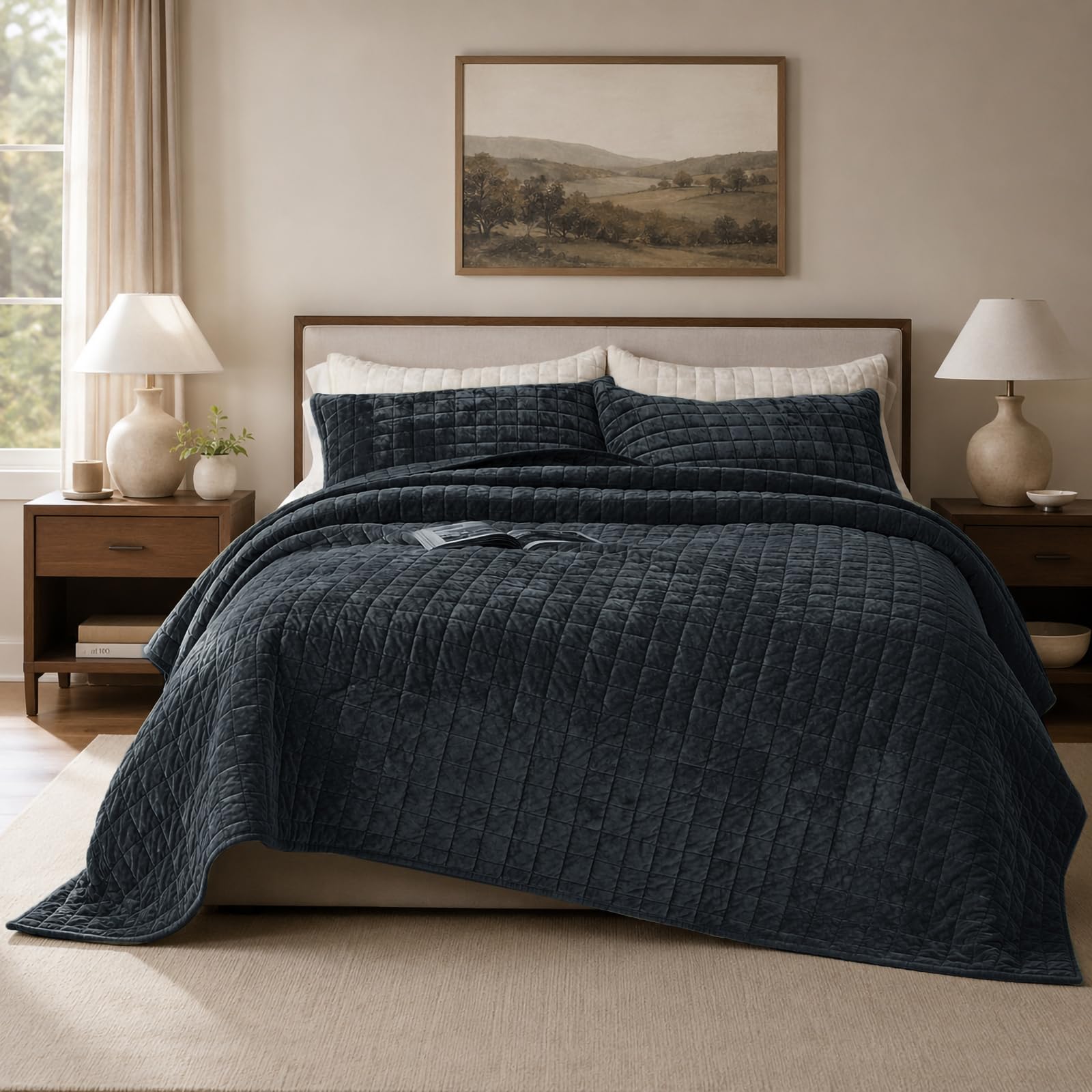 Luxurious Velvet King Quilt Set - Beige -11