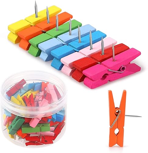 50 PCS Colorful Push Pin with Wooden Clips, Durable, Decorative