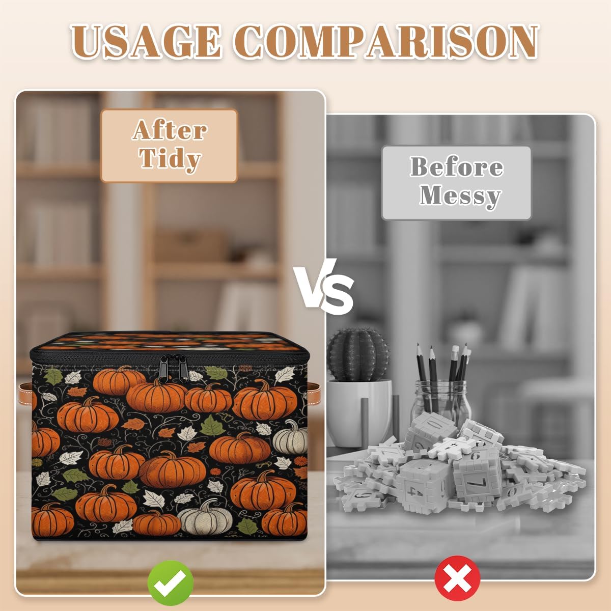 Storage Bin Set of 2 Fall Pumpkin Storage Basket with Zipper Lid & Handle Foldable Closet Shelf 2 Pack Cloth Organizer Basket Cube Bins Clothes Organizer for Bedroom, Nursery