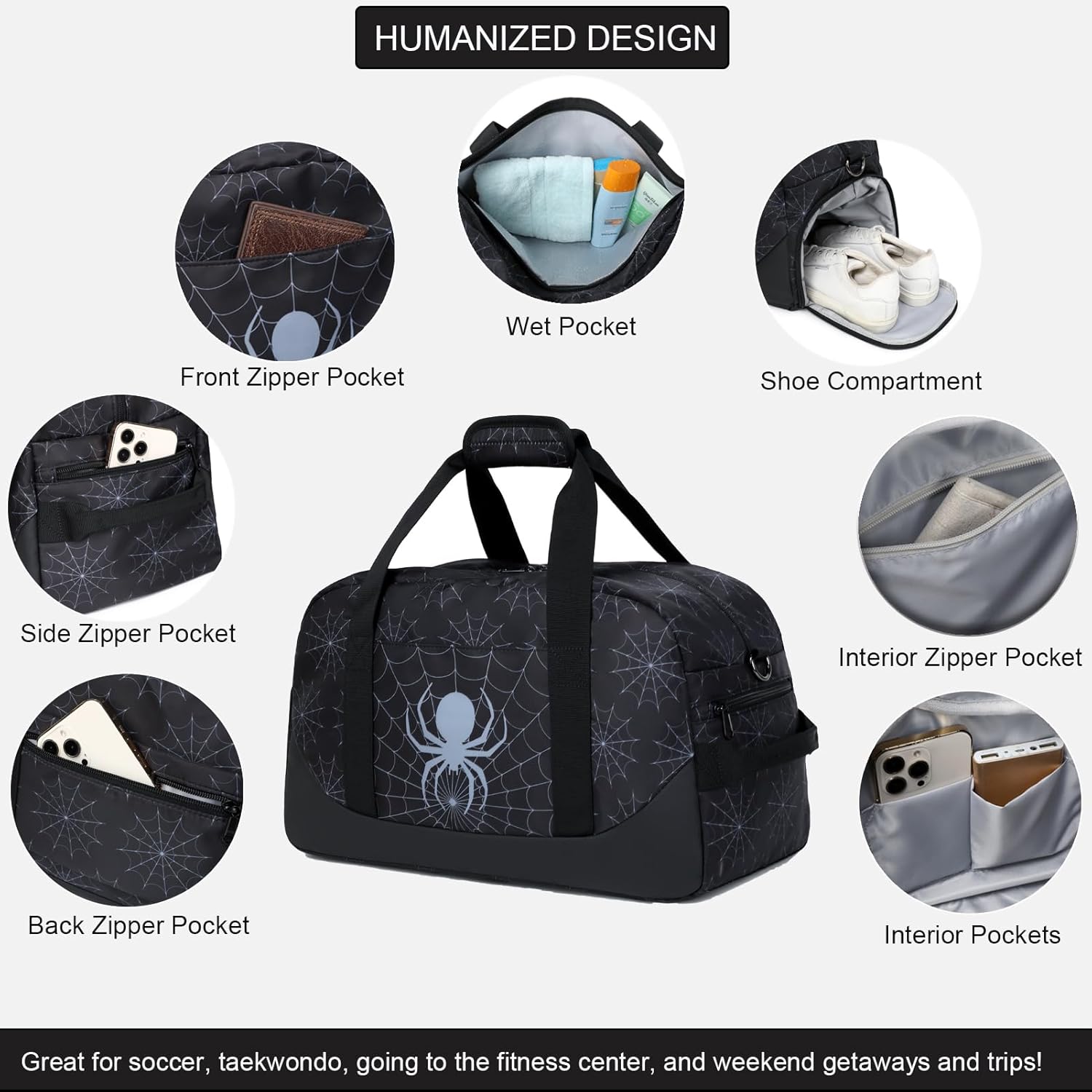 Octsky Kids Sports Gym Bag Boys Girls Overnight Weekend Bag with Shoe Compartment Small Soccer Duffel Football Bag, Spider red - Image 6