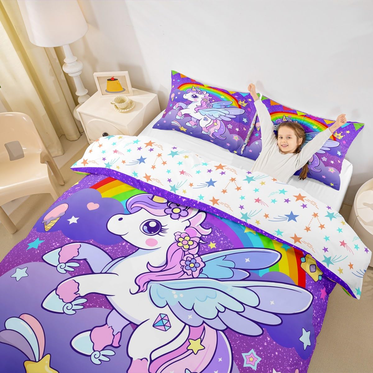 Loussiesd Cute Unicorn Duvet Cover King Size Unicorn Glitter Bedding Set for Kids Decor Cute Animal Comforter Cover Breathable Soft Microfiber Purple Rainbow Bedroom Decor Bedclothes — image 1