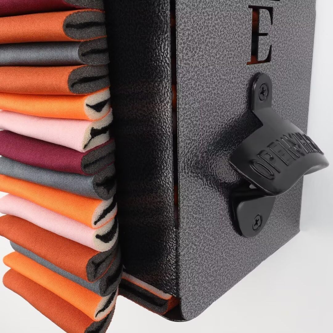 Personalized Can Cooler Holder with Bottle Opener - Metal Beer Sleeves Organizer Wall Mount - Cool Garage Mancave Gifts for Beer Lovers Fathers Day - Iron Textured Black, 12"