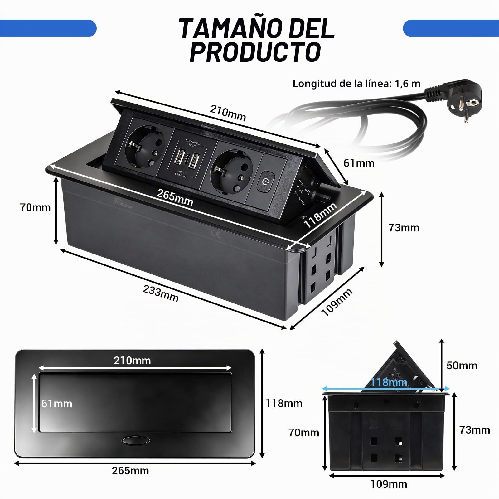 CPROSP Regleta Empotrable de Mesa con 2 Enchufes y 3 USB (2A+1C)