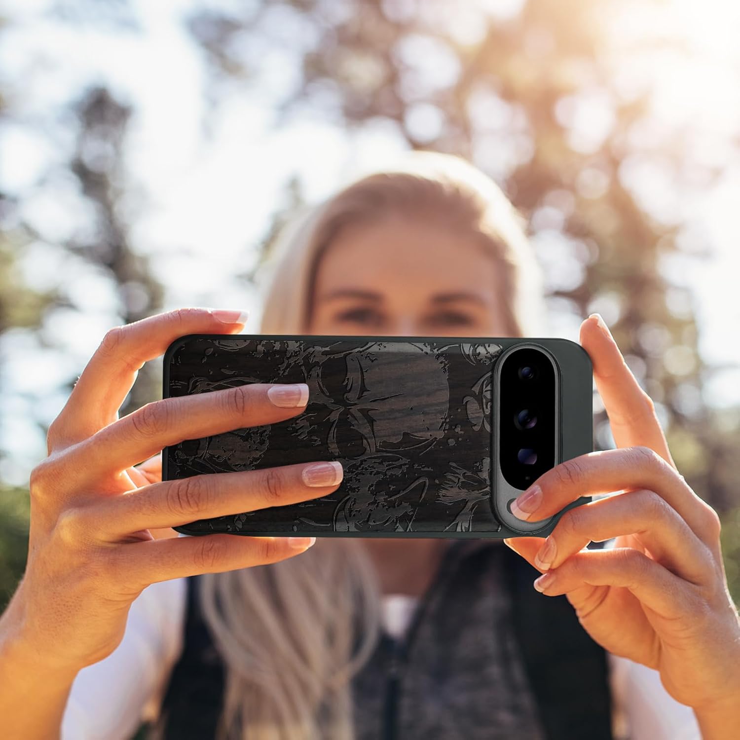 Carveit Magnetic Wooden Case for Google Pixel 10 Pro XL Case, Wood Artisan Engraved & Soft TPU Shockproof Cover, Compatible with MagSafe Wireless Chargers (Grunge Style Skull Pattern) Blackwood