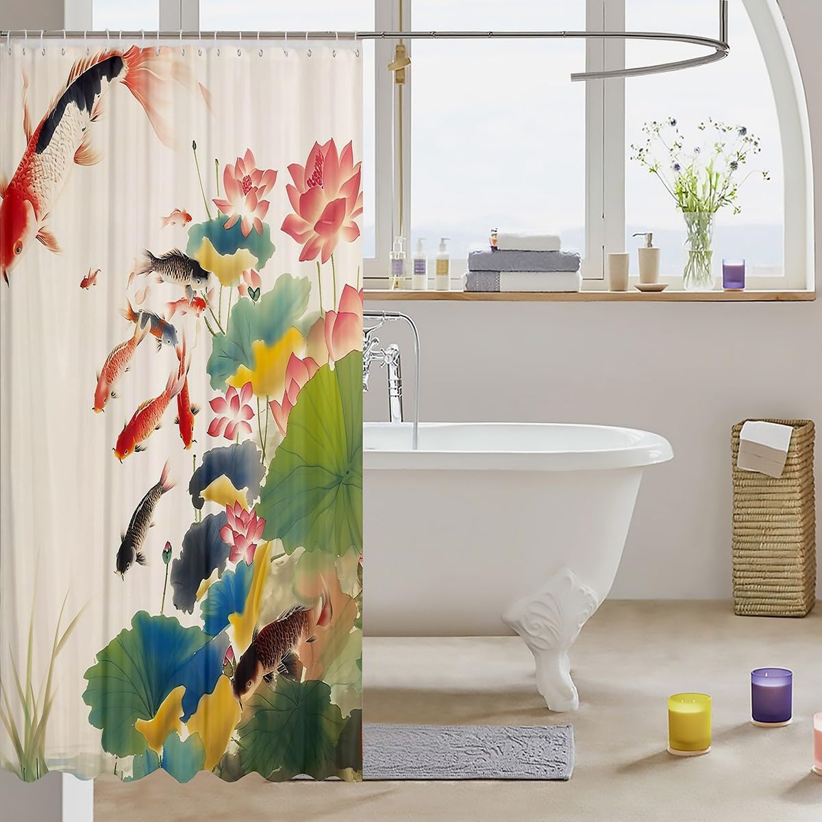 Feelyou Kids Chinese Ink Painting Shower Curtain 72"x78" Carps Koi Fishes Japanese Bath Curtain for Boys Girls Good Luck Fish Nature Bathroom Shower Curtain Set Kids Bathroom Accessories