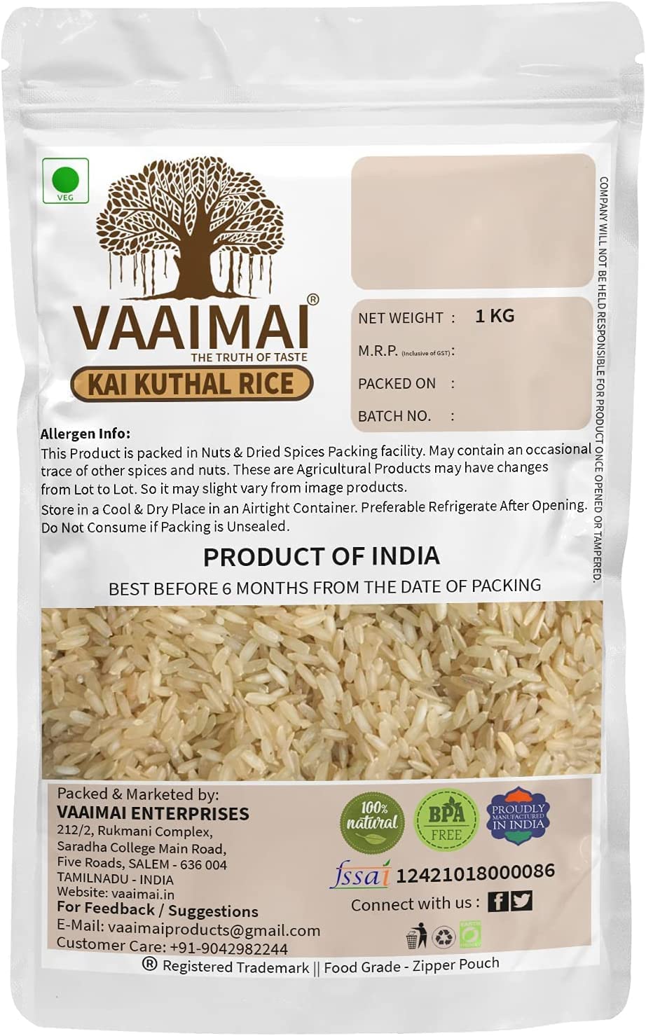 CROW VAAIMAI Handpounded Ponni Rice/ryż Kai Kuthal, 1 kg