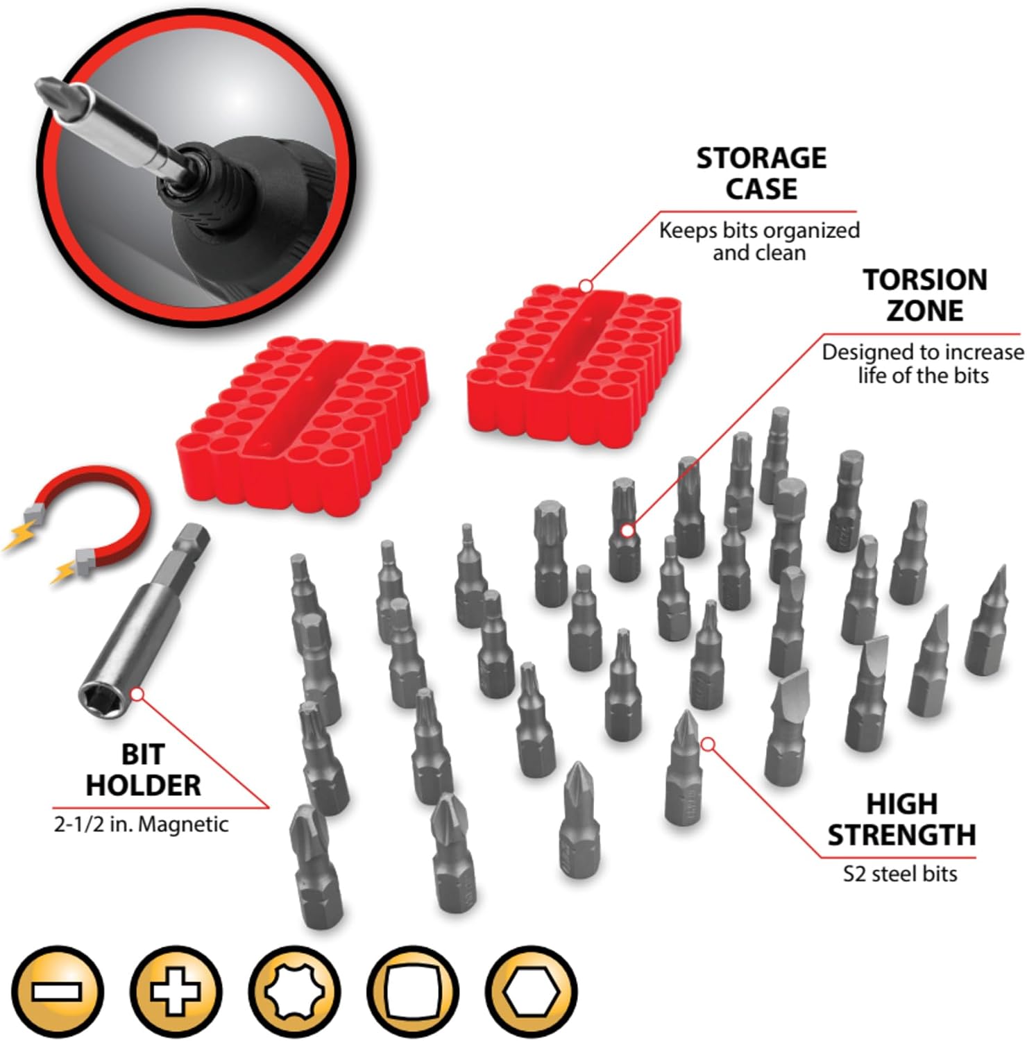 Performance Tool W8661 33-Piece Impact Torsion Bit Set, S2 Steel, 1-Inch Phillips, Slotted, Star, Square, Metrix Hex, SAE Hex Bits, 2-1/2 Inch Magnetic Bit Holder, 2-Sided Rubber Case, Red