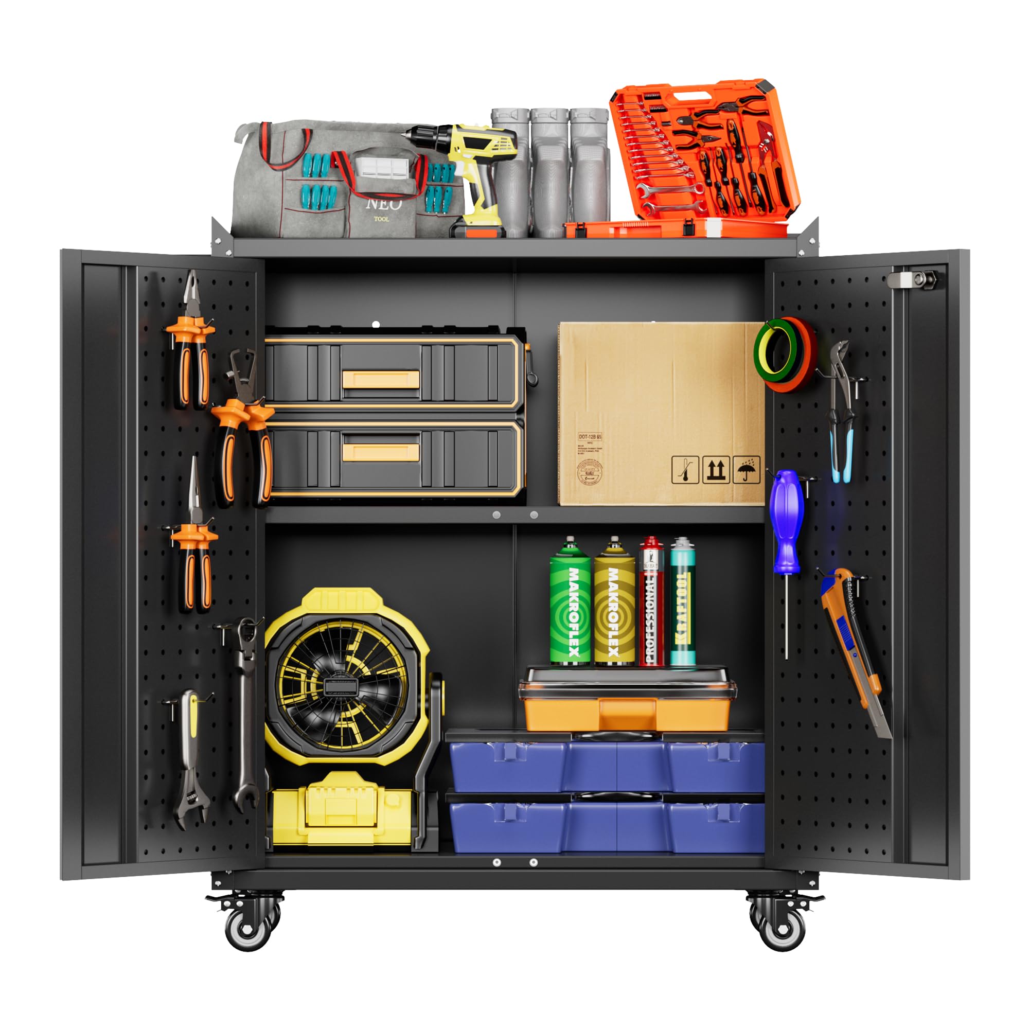 Metal Storage Cabinet with Wheels, Rolling Storage Cabinet with 2 Doors and Adjustable Shelves, Pegboard and 4 Hooks, Suitable for Garage, Home, Office, School, BlackRecycled Claim Standard 100
