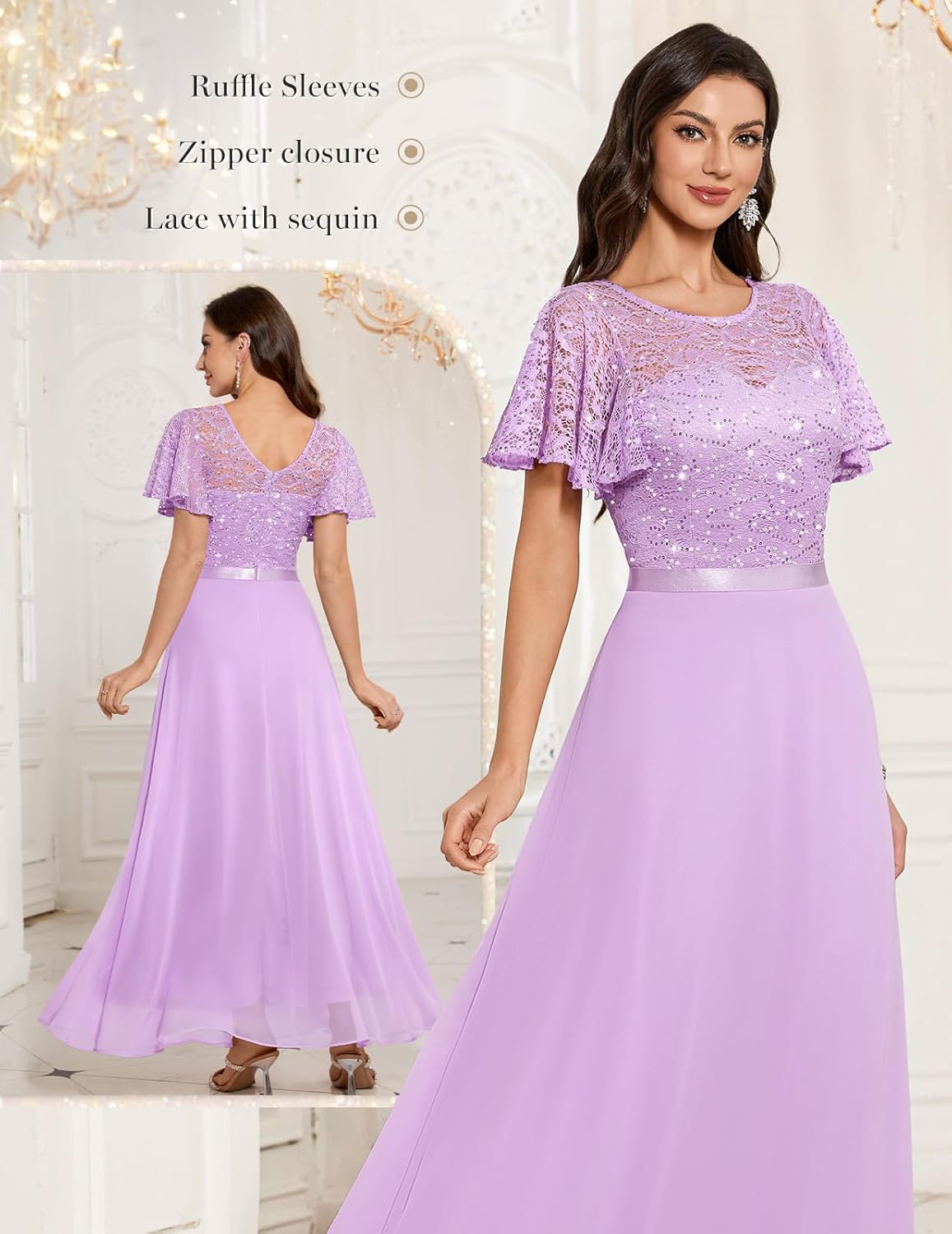 DRESSTELLS Wedding Guest Dress for Women, Long Mother of Bride Formal Sequin Cocktail Evening Party Lace Prom Dresses