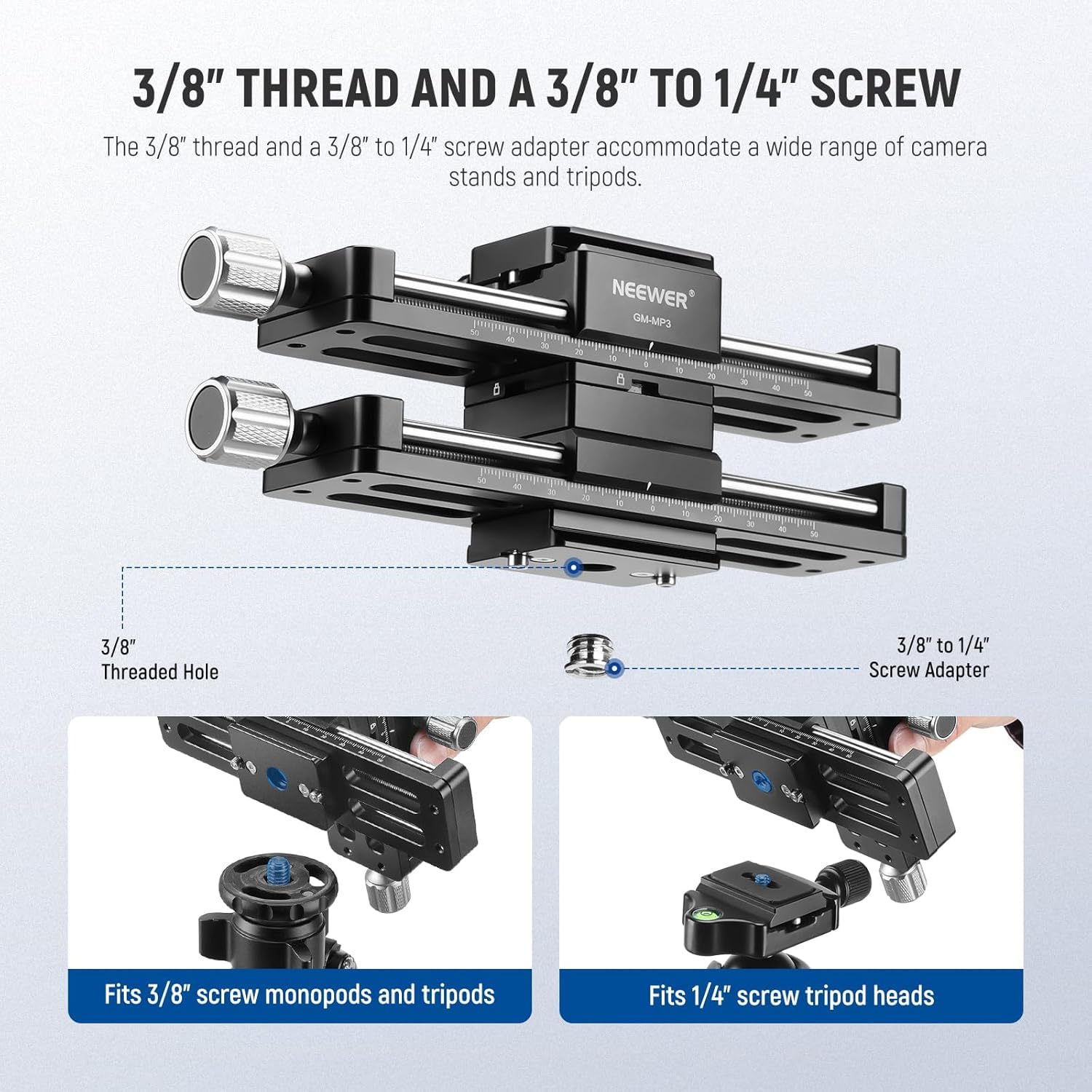 NEEWER Rail de Mise au Point Macro 4 Axes, Curseur de Rail Macro Rotatif à 360°en Alliage d'Aluminium avec Plaque de Dégagement Rapide de Type Acra et Vis 1/4" pour Caméra Caméscope Film,GM-MP3