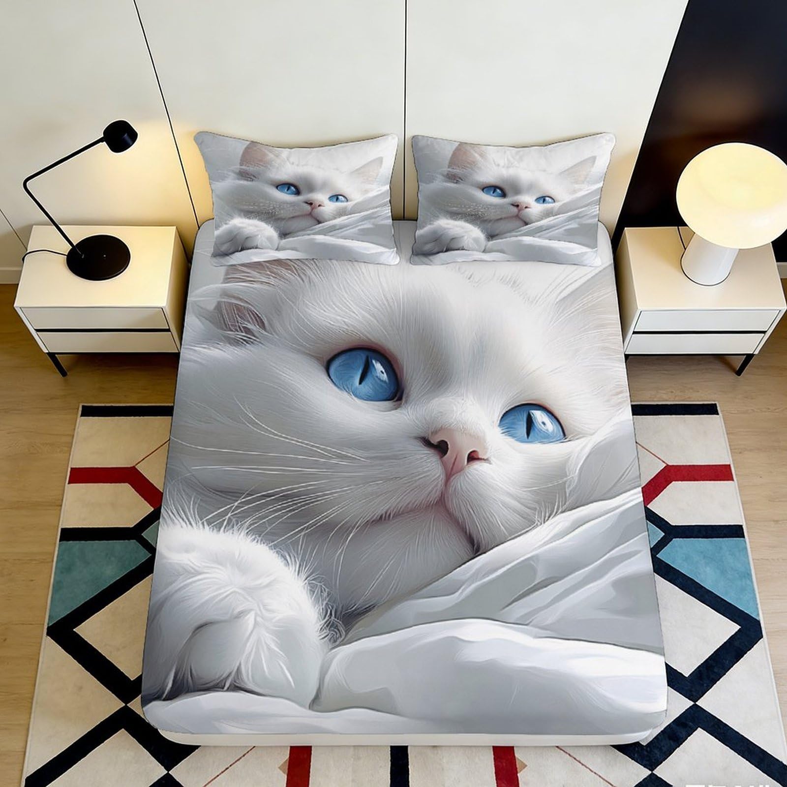 3D Printed White Cat Fitted Sheet Microfiber Soft Breathable Blue Eyes Bed Cover for Bedroom Dormitory Guest Room Mattress Protection Decor 140x200x25cm