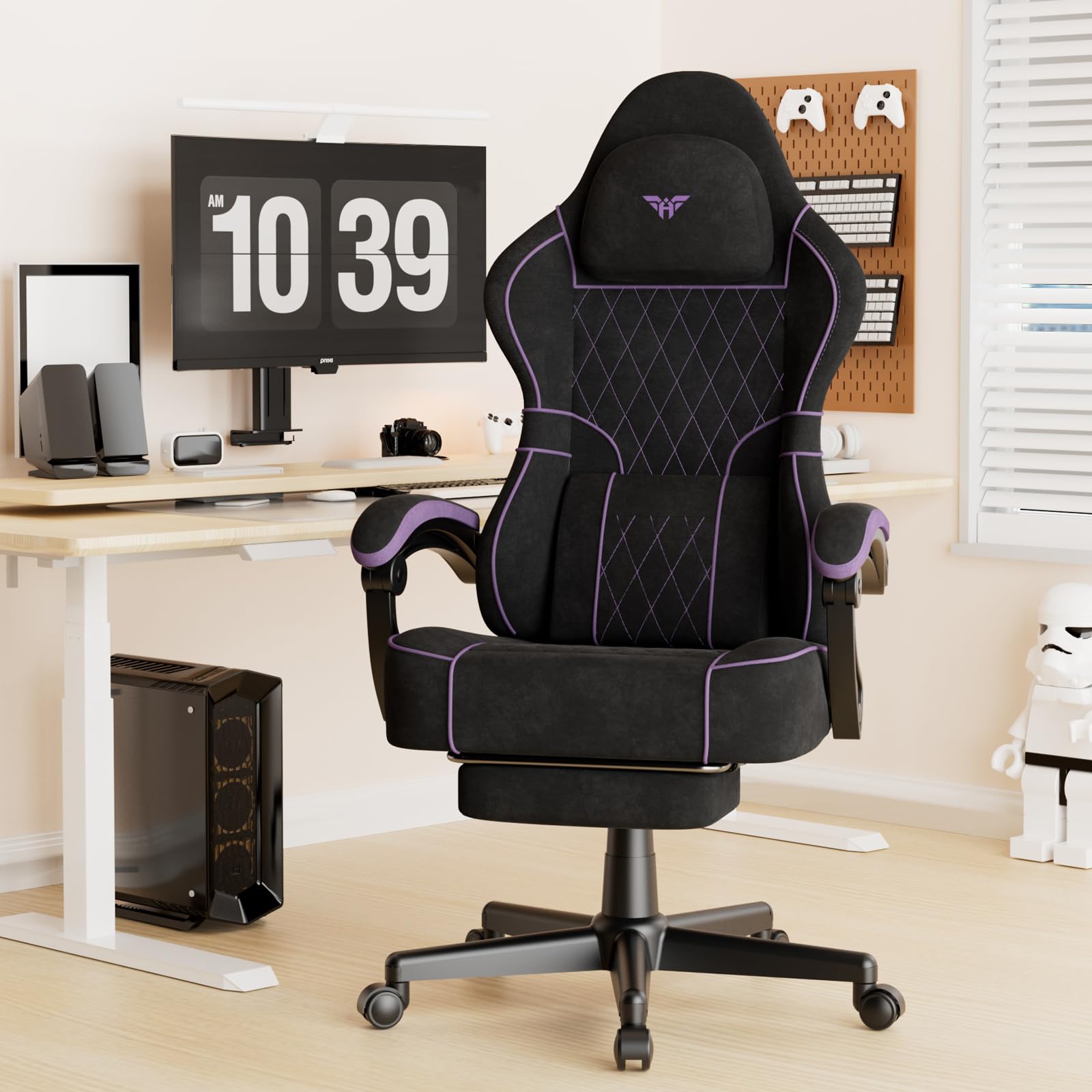 Soontrans Sedia da Gaming con Poggiapiedi, Sedia Gaming Ergonomica con Poggiatesta & Cuscino Lombare Massaggio, Pelle Scamosciata, Sedie Gaming per Youtube Livestreaming Playstation (Nero&Viola)