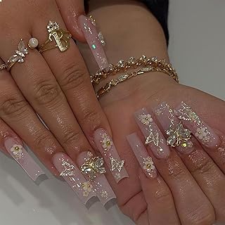 GlamRays Square Press on Nails Lange Falsche Nägel Rosa Kleben Nägel 3D Schmetterling Blume Charme Acrylnägel 24 Stück Squoval Glitzer Maniküre Künstliche Falsche Nägel