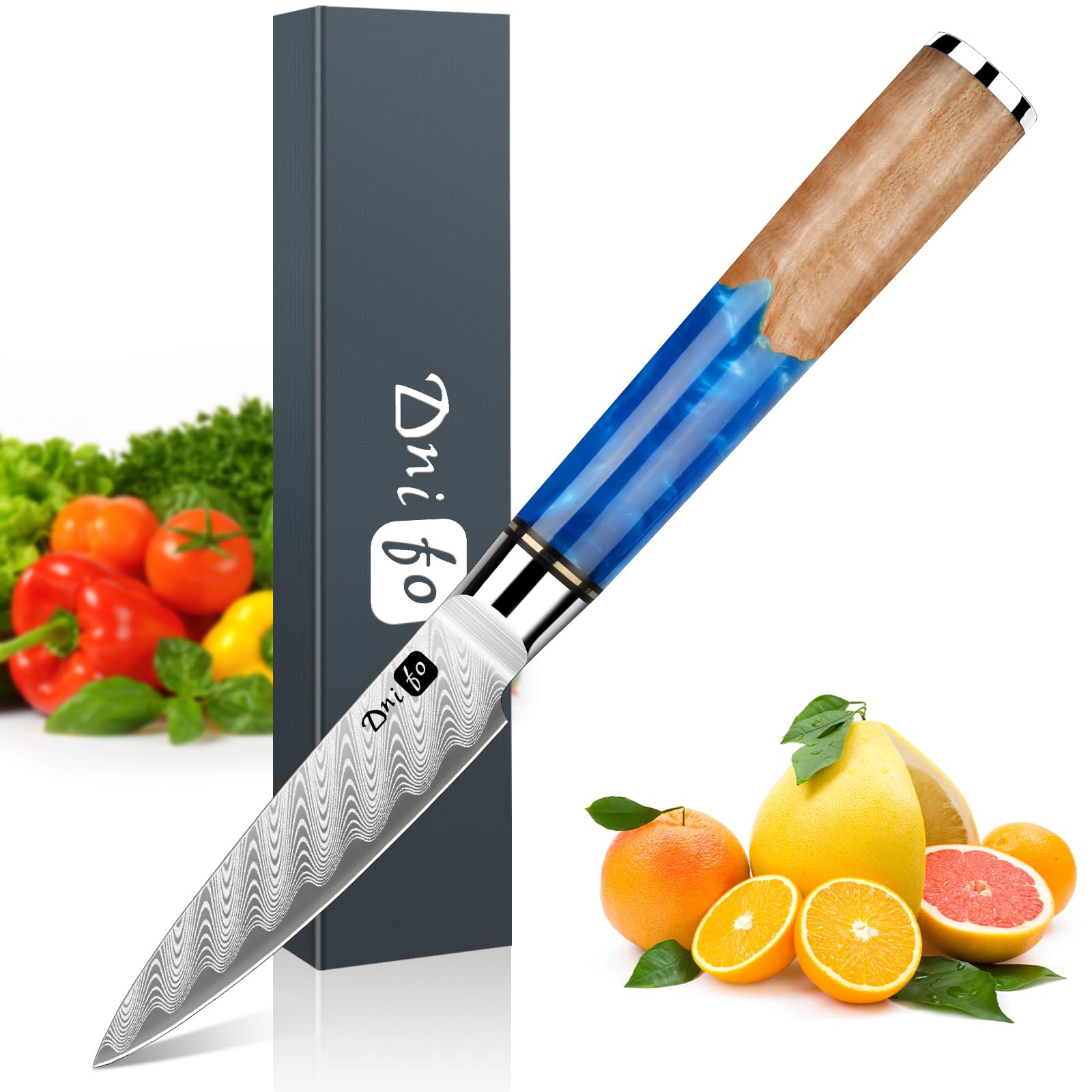 Classic Paring Knife 3.5 Inch, Japanese VG10 Steel Damascus Fruit Knife, Sharp Small Kitchen Knife with Gift Box and Resin Wood Handle,Ideal Birthday Gift for Men and Women