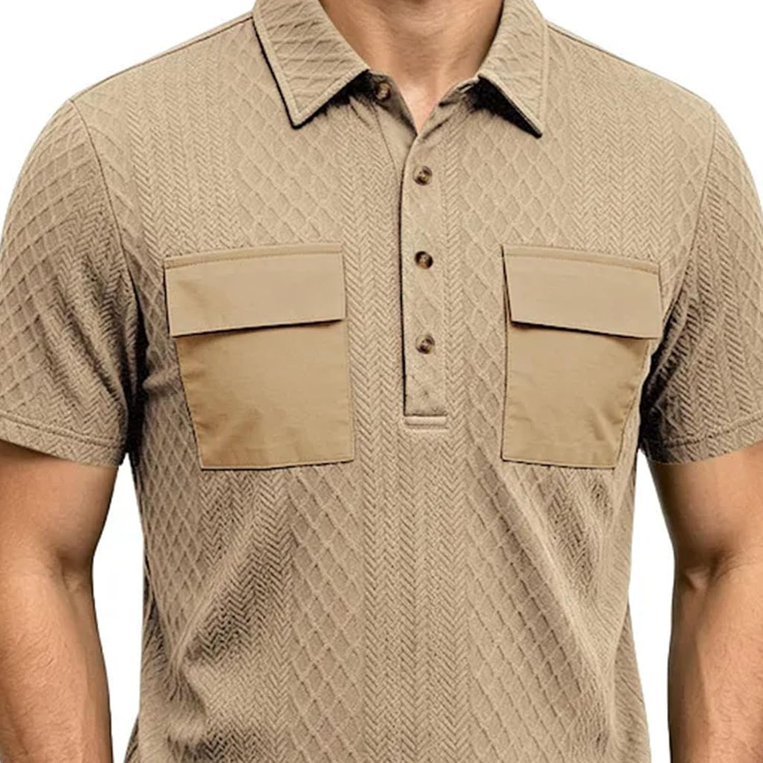 Mens Polo Shirt Heavyweight Textured Knit Short Sleeve Multi Pocket Lapel Loose Outdoor Casual Workwear Top