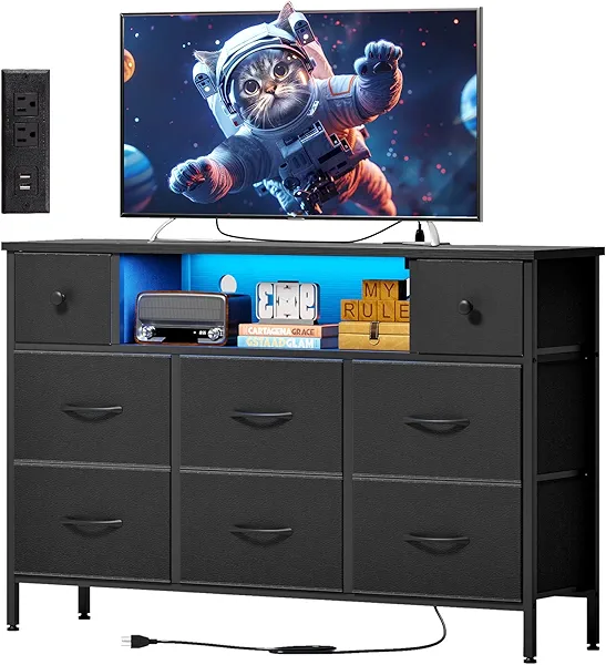 Fixwal Dresser for Bedroom TV Stand for 55 Inch TV with Charging Station and LED Light, Fabric Chest of Drawers, 8 Drawer Kids Dressers for Boys Bedroom, Living Room, Closet (Black)