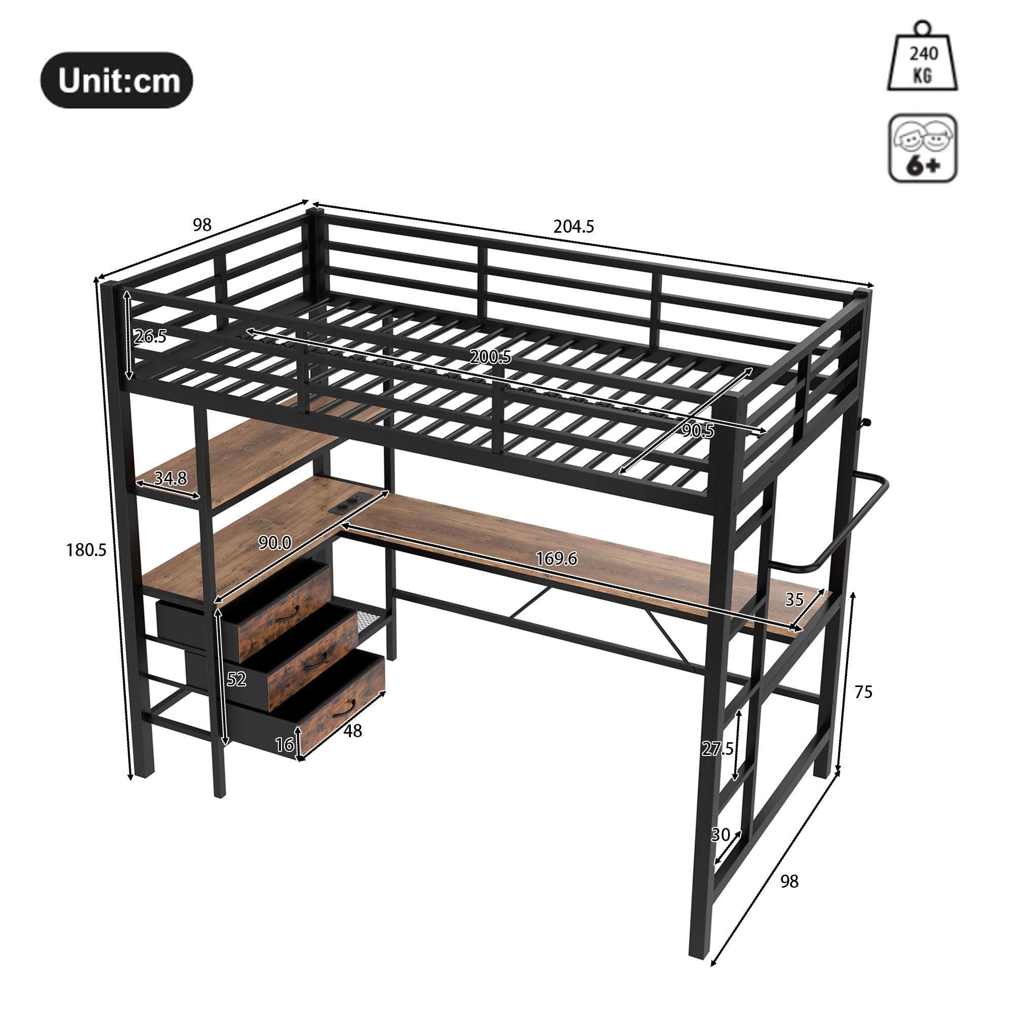 Sapgaks Lit Mezzanine Enfant 90x200cm avec éclairage LED et Bureau et Prise + USB,lit Mezzanine 1 Place avec 3 tiroirs,lit superposé Adulte étagères,Rampe,escalier,sans Matelas (Black 90 * 200cm)