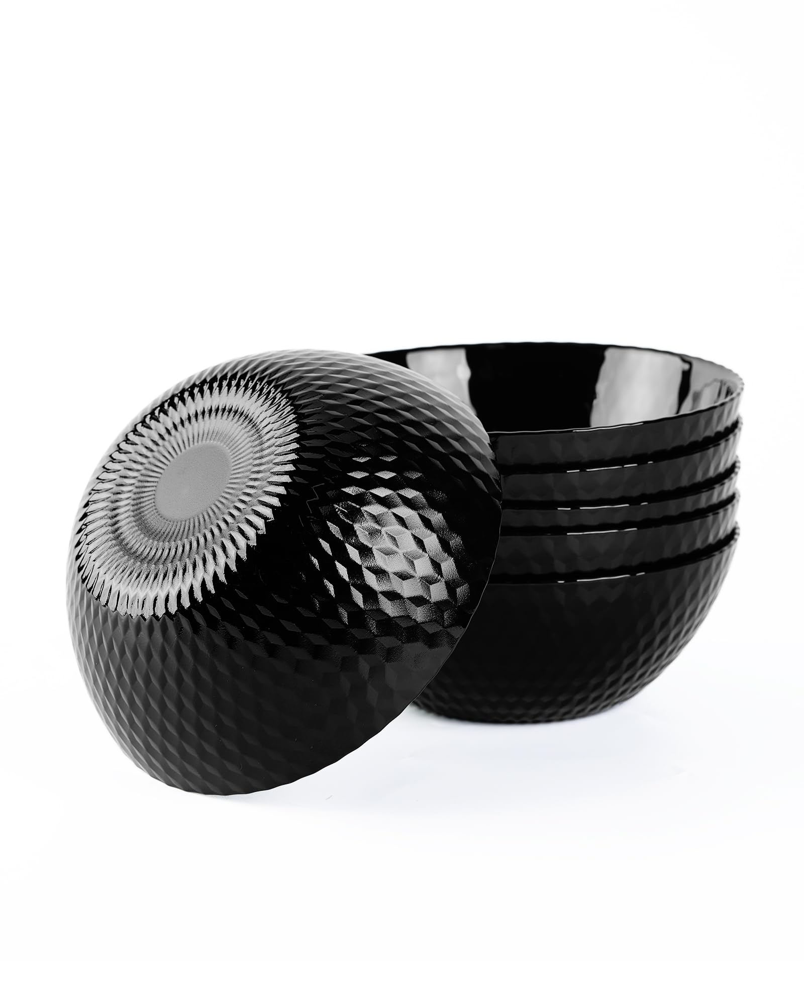 20 OZ Black Opal Glass Cereal Bowl Set of 6, 6 inch Dishwasher & Microwave Safe Round Geometric Faceted Bowls for Kitchen, Salad, Soup and Rice