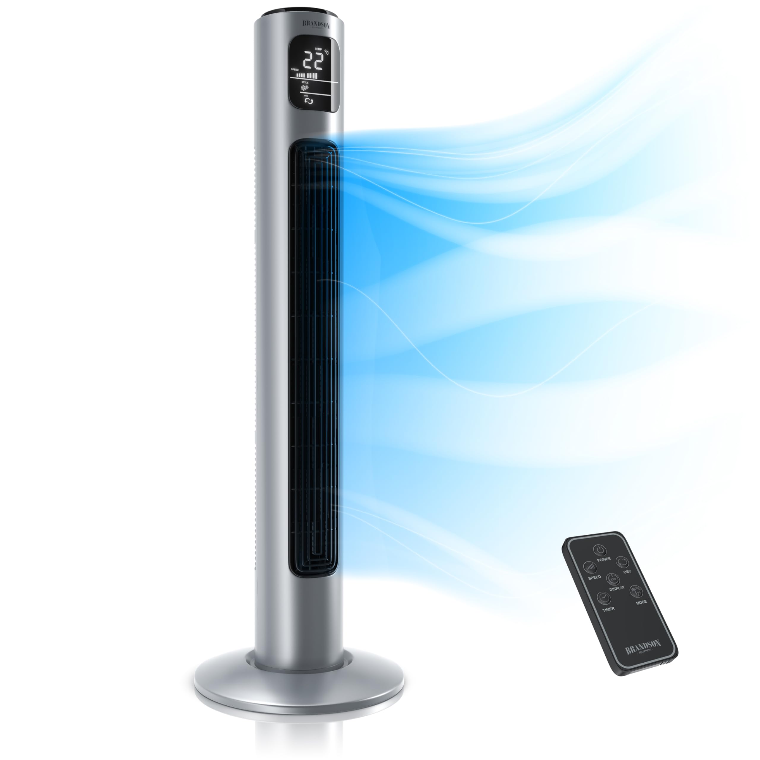 Brandson - Turmventilator mit Fernbedienung 96 cm - Preisträger 2026 - mobiler Lüfter leise - Standventilator Oszilation - 3 Geschwindigkeiten 3 Modi Timer - Ventilator mit GS - Steelsilver