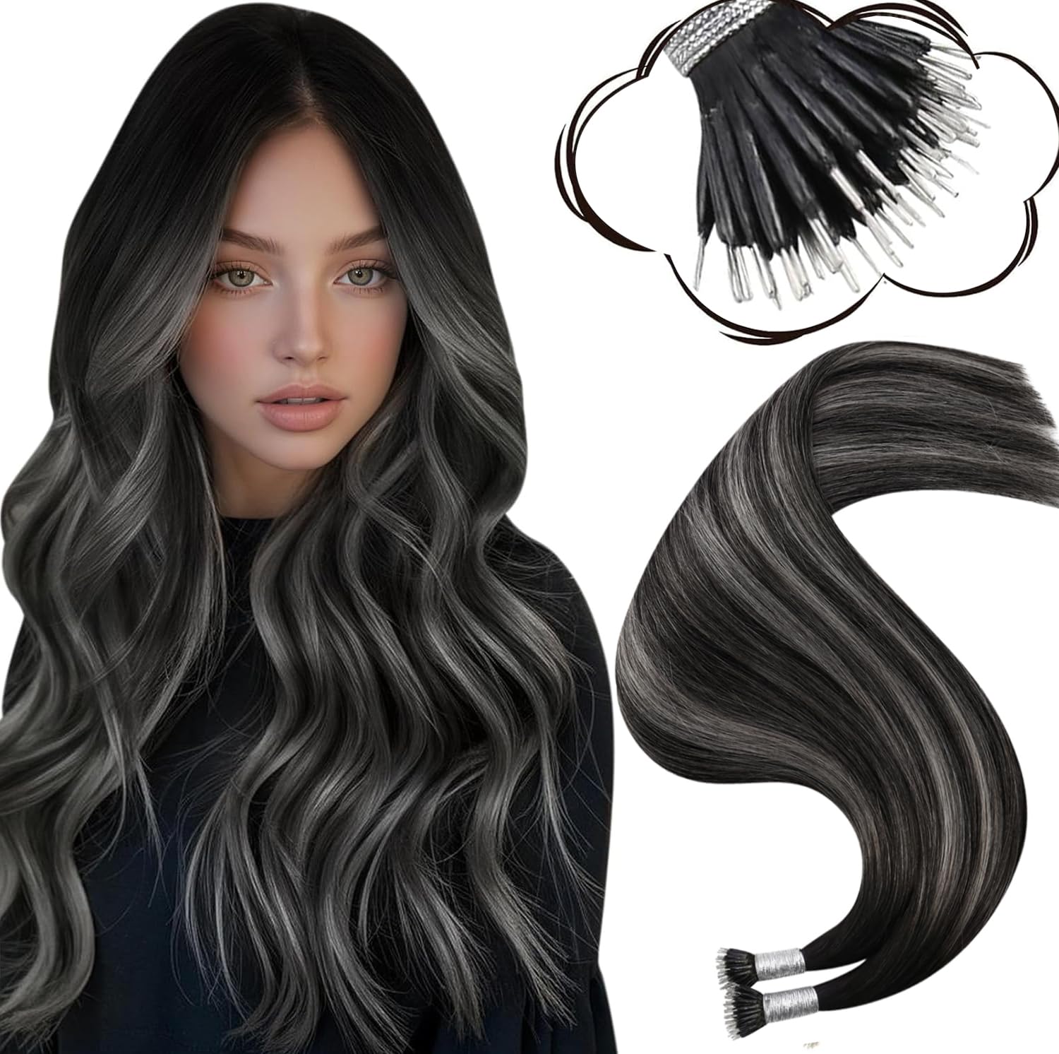 Moresoo Nano Hair Extensions Real Human Hair 16 Inch 50g/Pack Ash Blonde Highlight Nano Beads Hair Extensions Human Hair 1g/s Remy Straight Hair #P18/613 — view 15