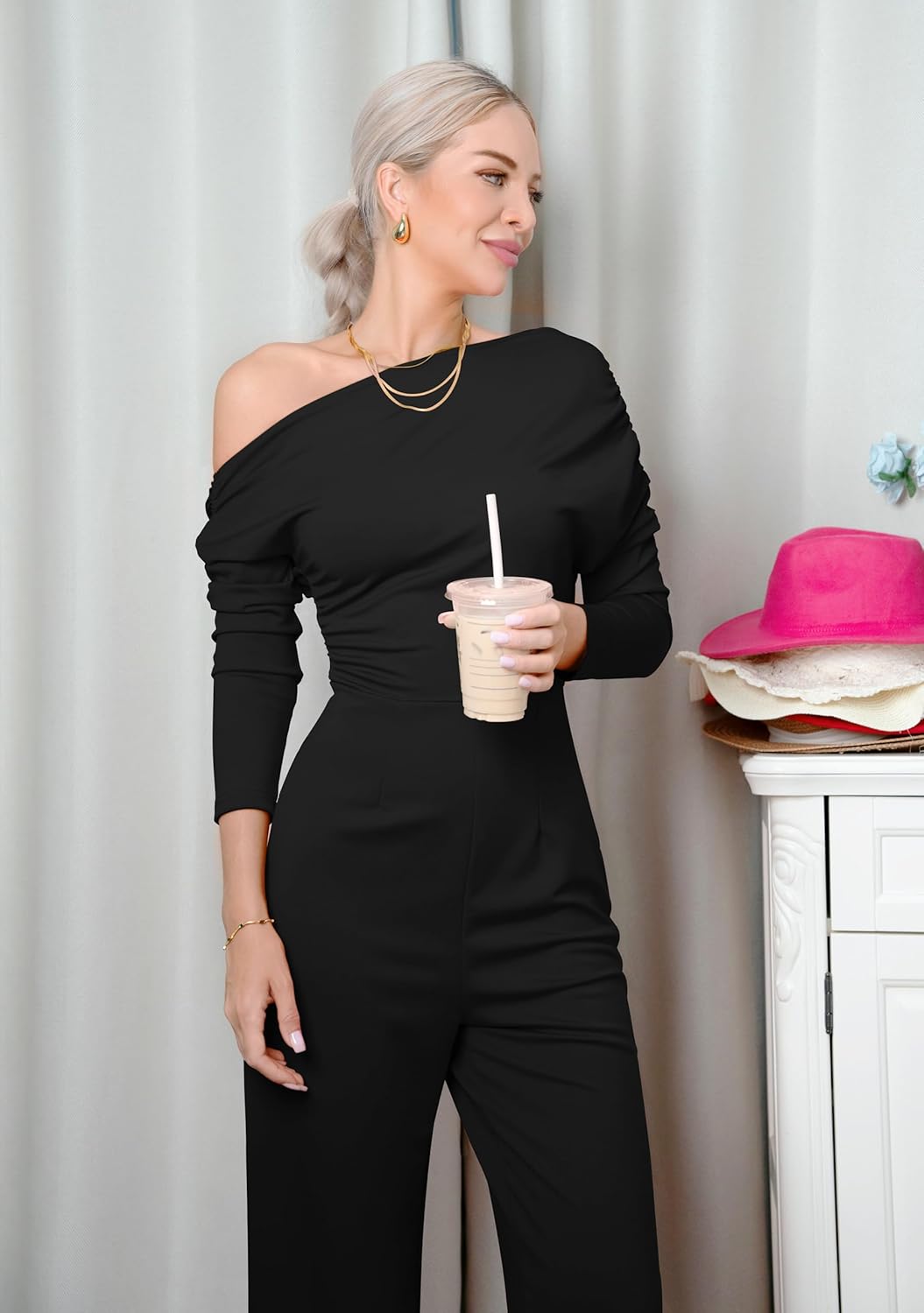 YMDUCH Women's Fall Elegant Long Sleeve Off Shoulder Wide Leg Long Pant Jumpsuits - Image 6