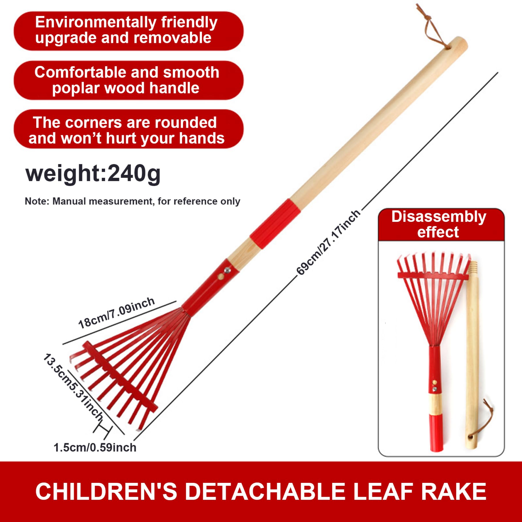 Râteau Enfant Détachable – Manche En Bois – Outil De Jardinage Solide Pour Petits Jardiniers – Vert - 12